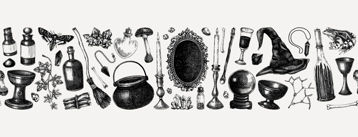 Vintage Halloween vector border. Hand-drawn witchcraft background. Skull, bones, poison bottles, crystal ball, black mirror, candles sketches. Seamless pattern for magic design